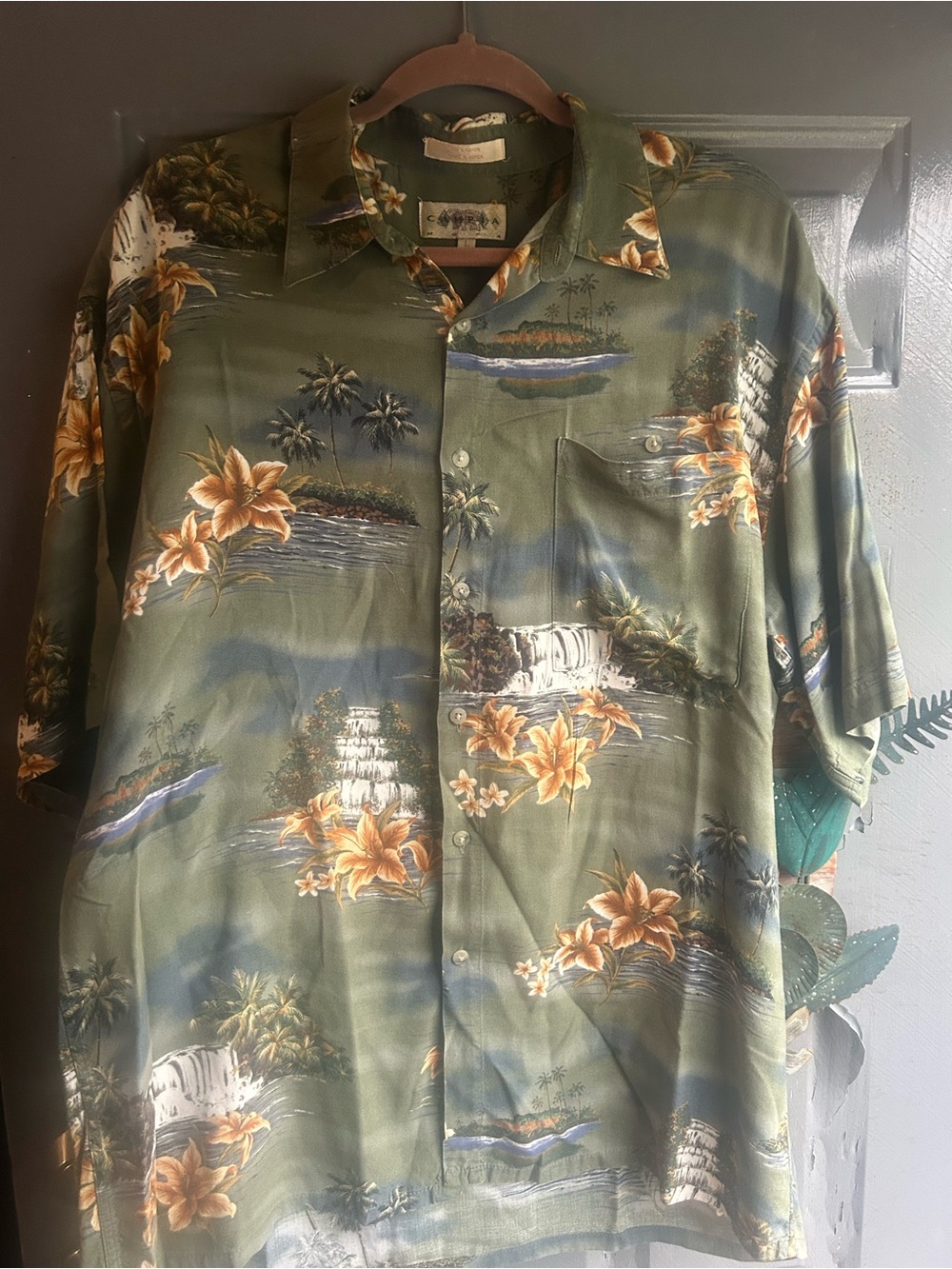 Campia Moda Men's Short Sleeve Hawaiian Shirt Large Button Up Ivory Palm Trees